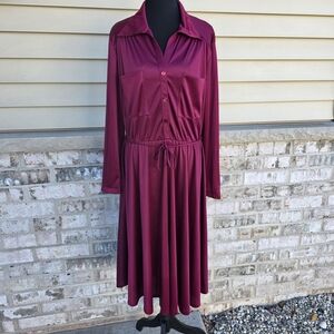 Burgundy Long Sleeve Shirt Dress M/L Flowy Midi Elastic Waist